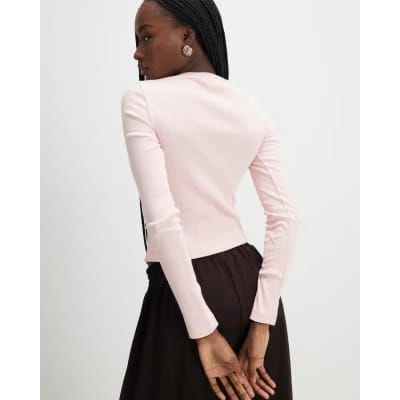 Pink Long Sleeve Ribbed Button Up Top