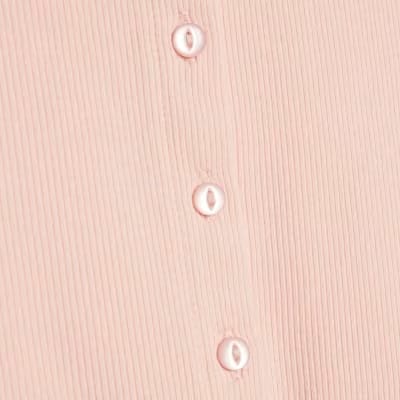 Pink Long Sleeve Ribbed Button Up Top