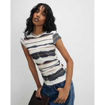 Cream Stripe Ruched Hem T-Shirt