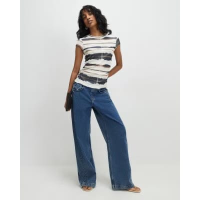 Cream Stripe Ruched Hem T-Shirt