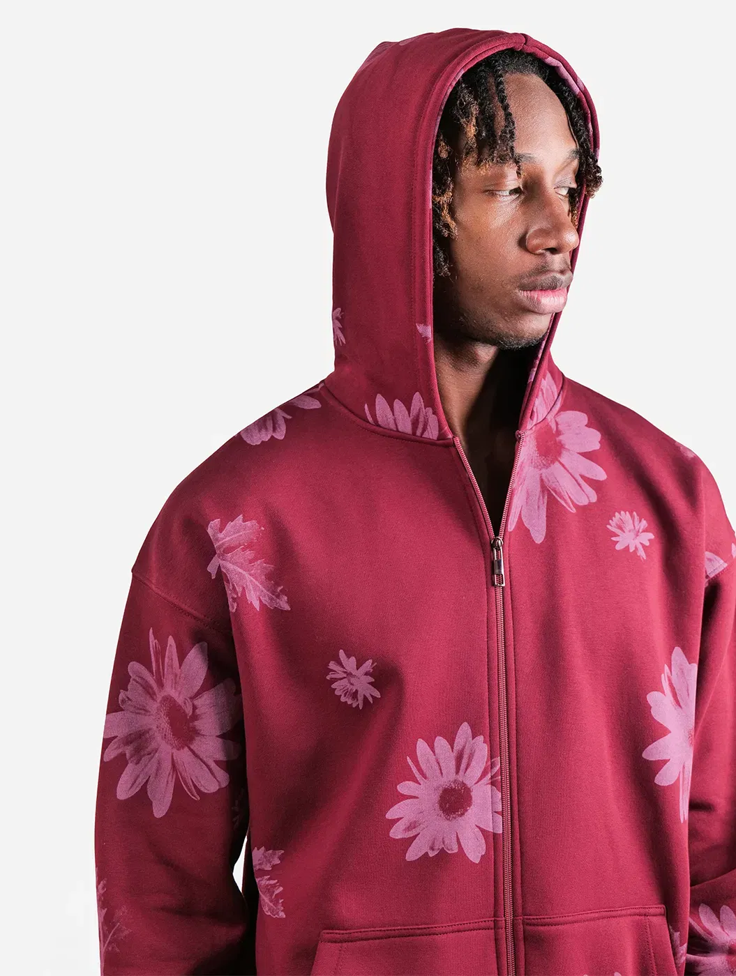 One Of A Kind - Wine All Over Floral Printed Drop Shoulder Oversized Zipper Hoodie