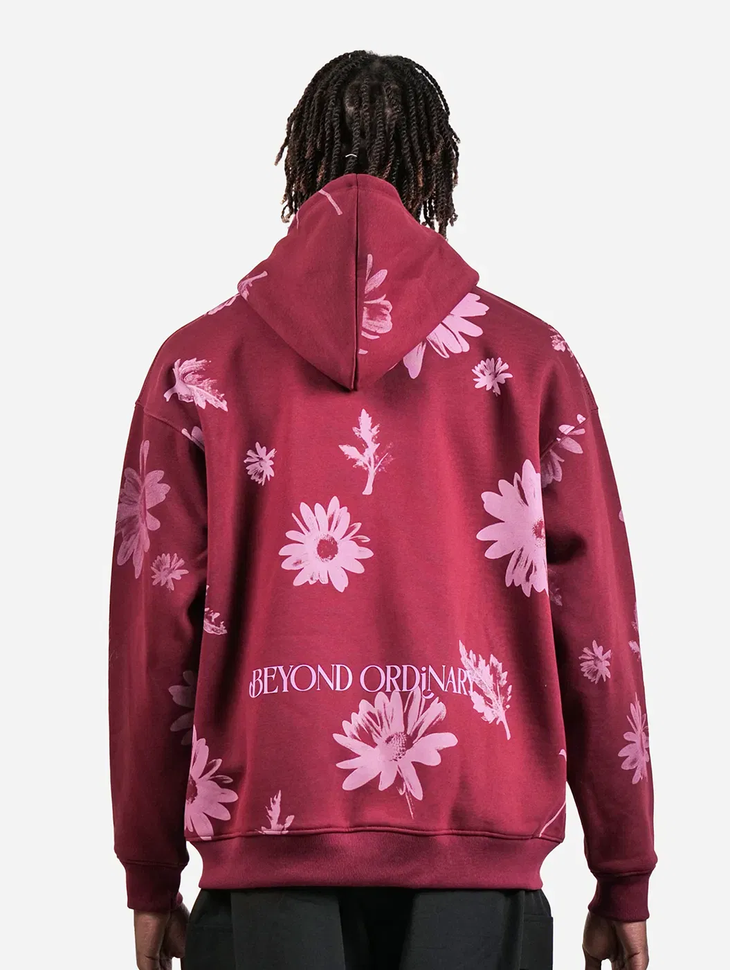 One Of A Kind - Wine All Over Floral Printed Drop Shoulder Oversized Zipper Hoodie