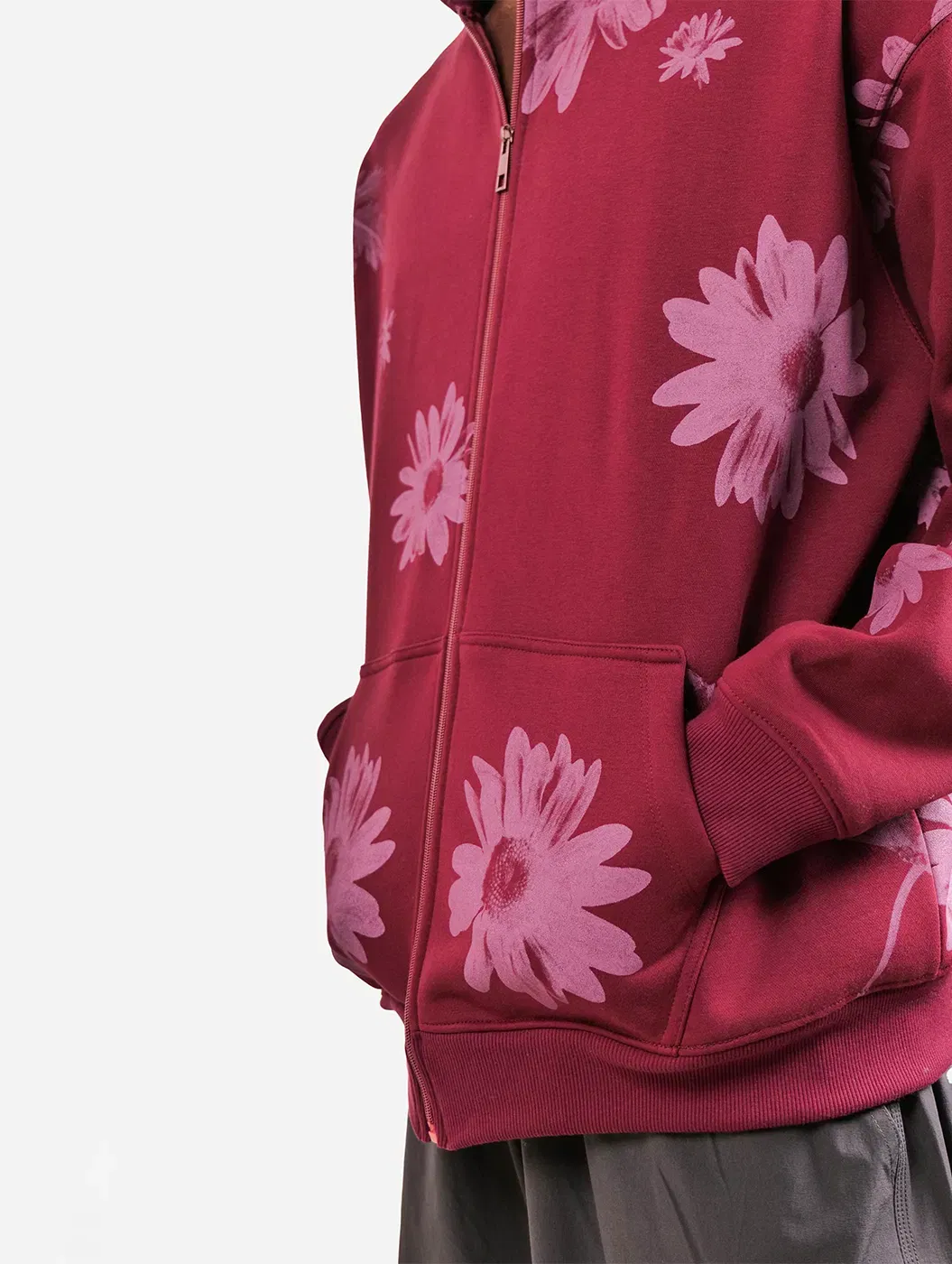 One Of A Kind - Wine All Over Floral Printed Drop Shoulder Oversized Zipper Hoodie