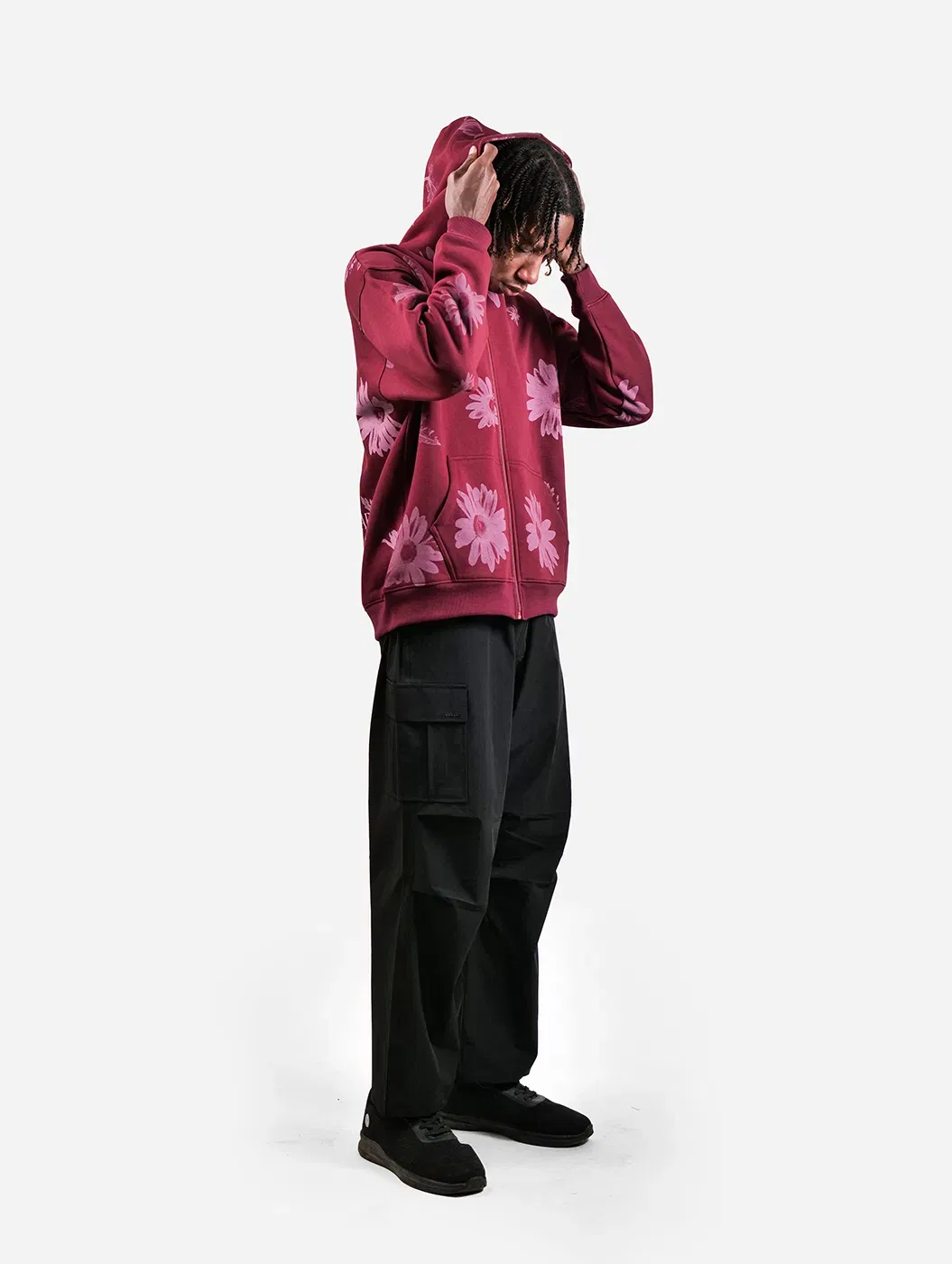 One Of A Kind - Wine All Over Floral Printed Drop Shoulder Oversized Zipper Hoodie