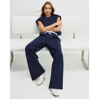 Navy Pinstripe Drawstring Wide Leg Trousers