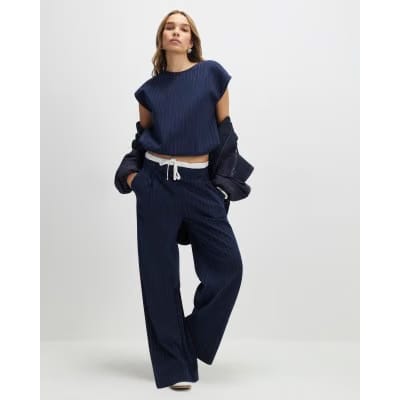 Navy Pinstripe Drawstring Wide Leg Trousers