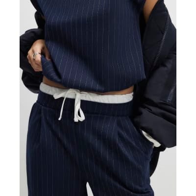 Navy Pinstripe Drawstring Wide Leg Trousers