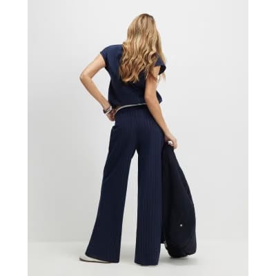 Navy Pinstripe Drawstring Wide Leg Trousers
