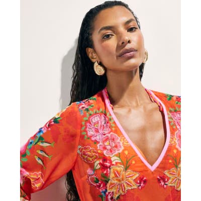 Orange Floral Tunic Beach Dress