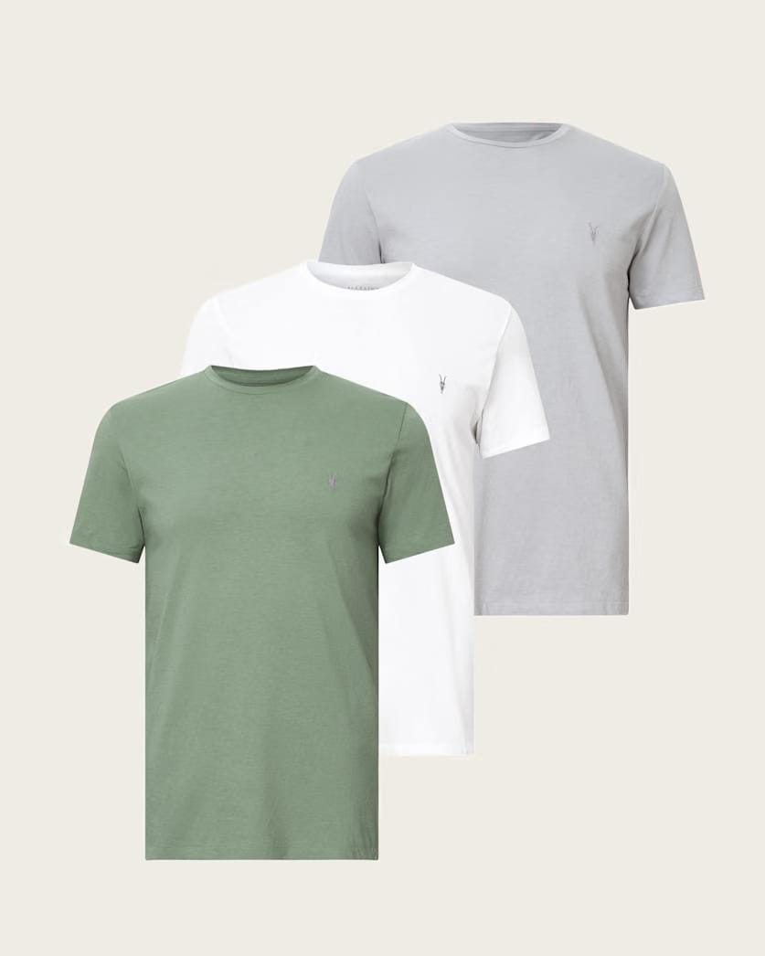 AllSaints Tonic Crew Ramskull T Shirts 3 Pack White/Green/Grey