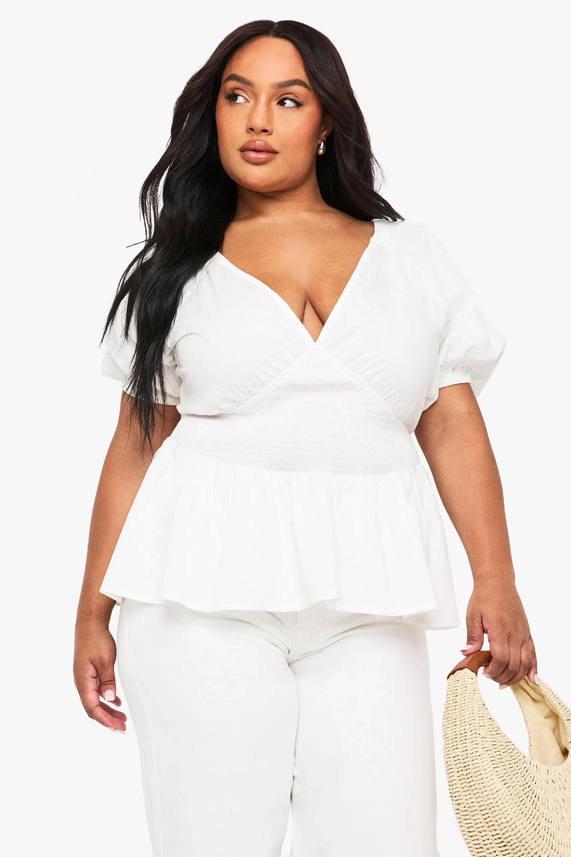 Plus Cotton Puff Sleeve Tie Back Smock Top
