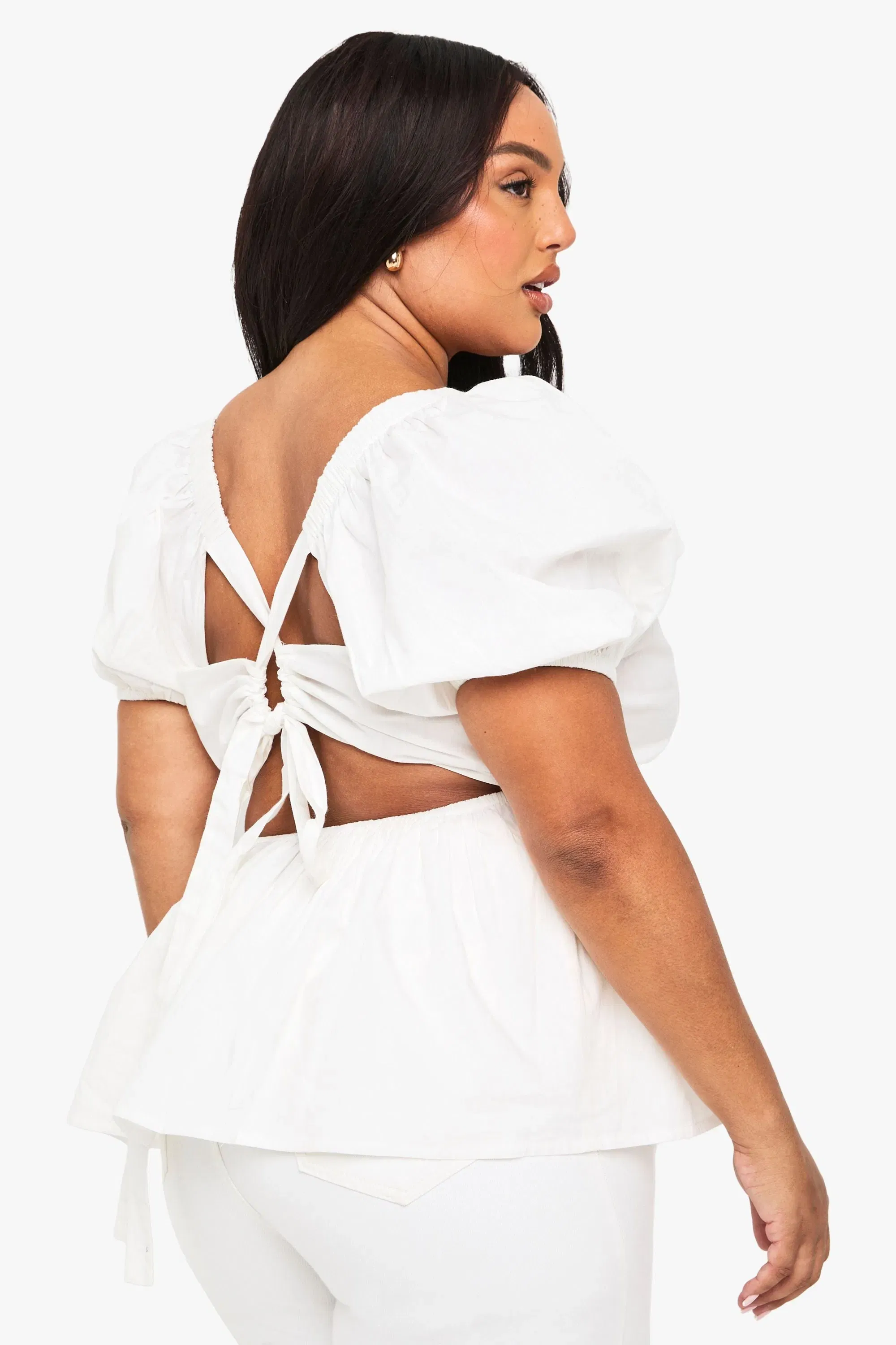 Plus Cotton Puff Sleeve Tie Back Smock Top