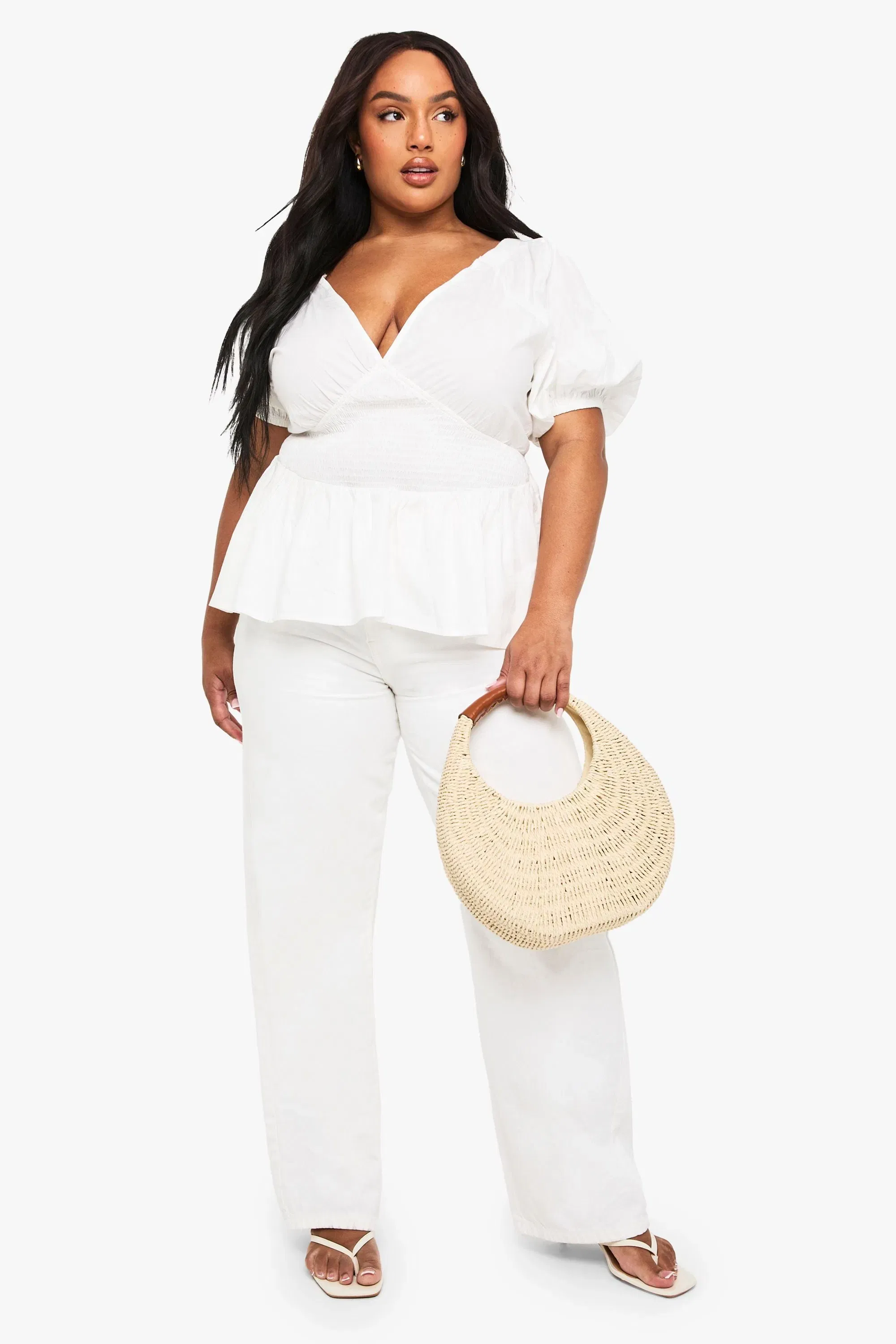 Plus Cotton Puff Sleeve Tie Back Smock Top