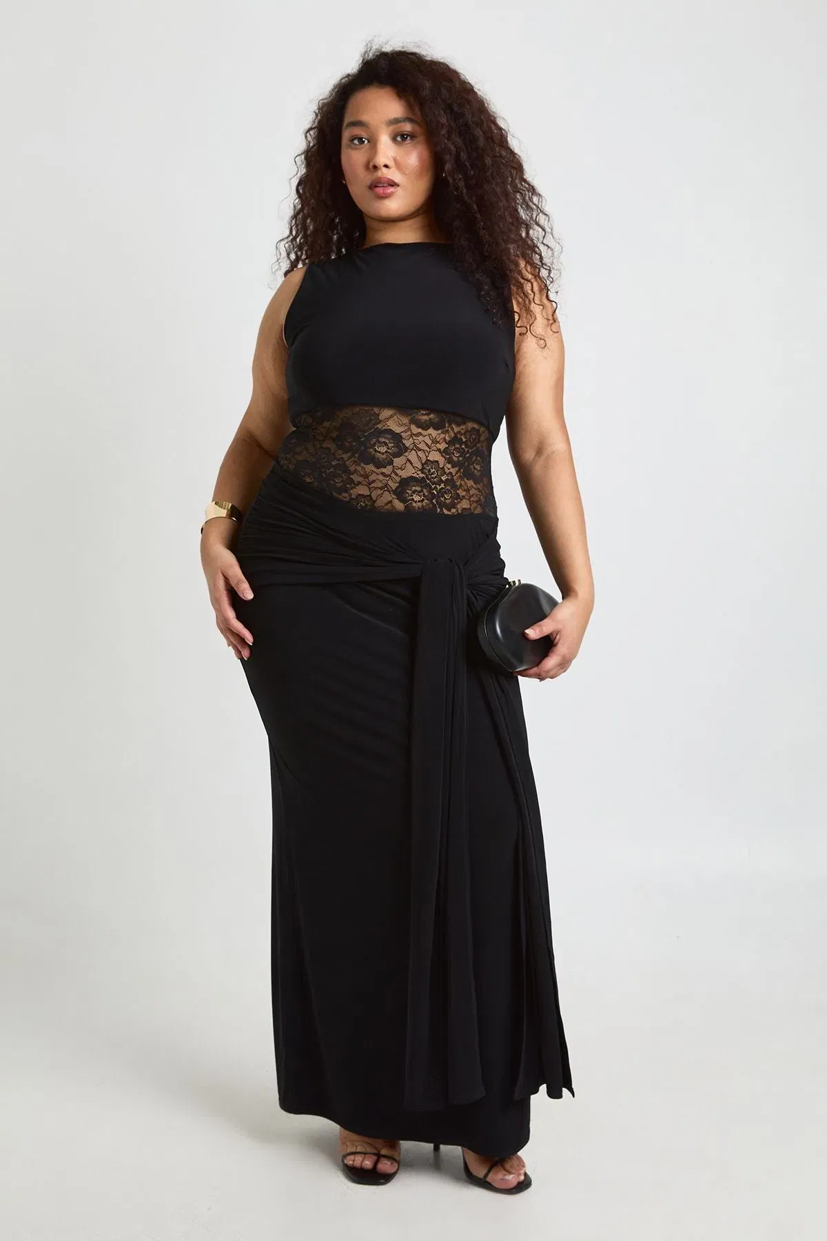 Plus Racer Neck Lace Panel Tie Drape Maxi Dress