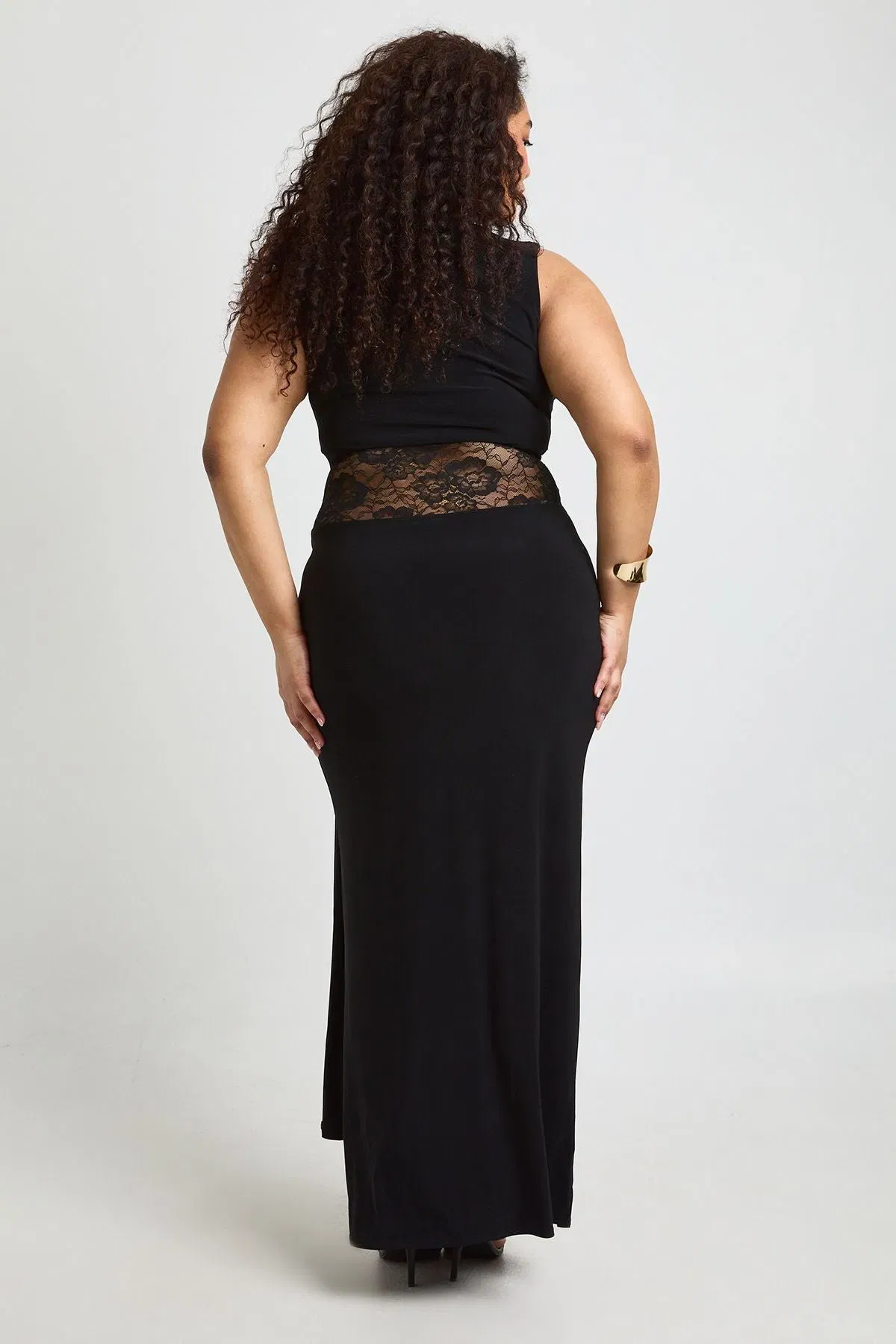 Plus Racer Neck Lace Panel Tie Drape Maxi Dress