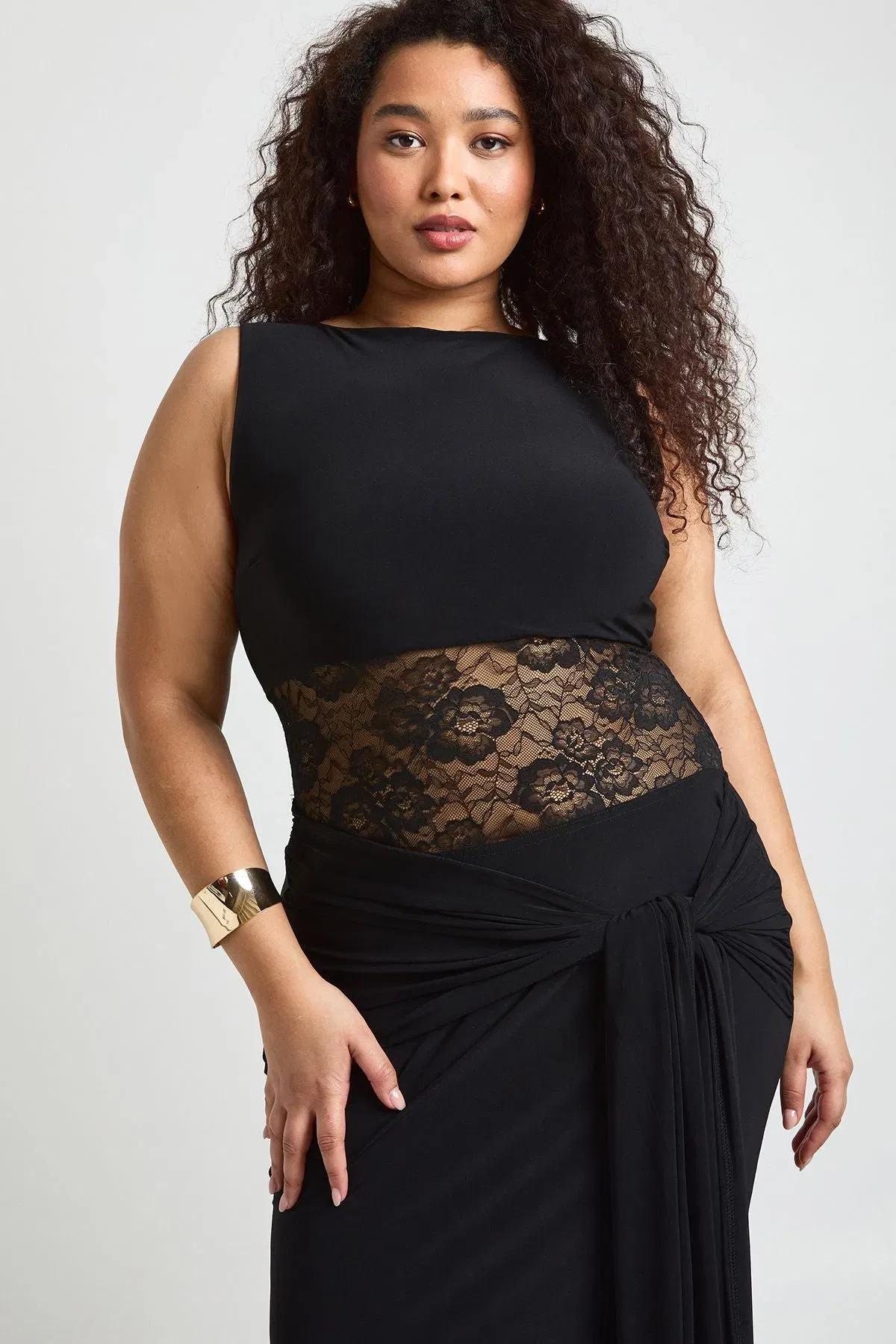 Plus Racer Neck Lace Panel Tie Drape Maxi Dress