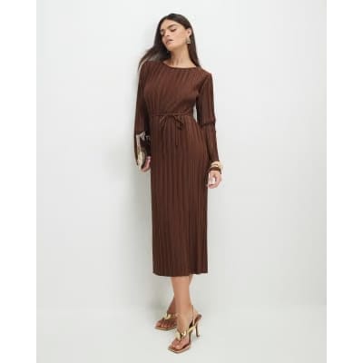 Brown Long Sleeve Plisse Belted Midi Dress