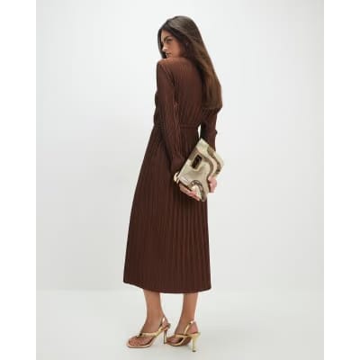 Brown Long Sleeve Plisse Belted Midi Dress
