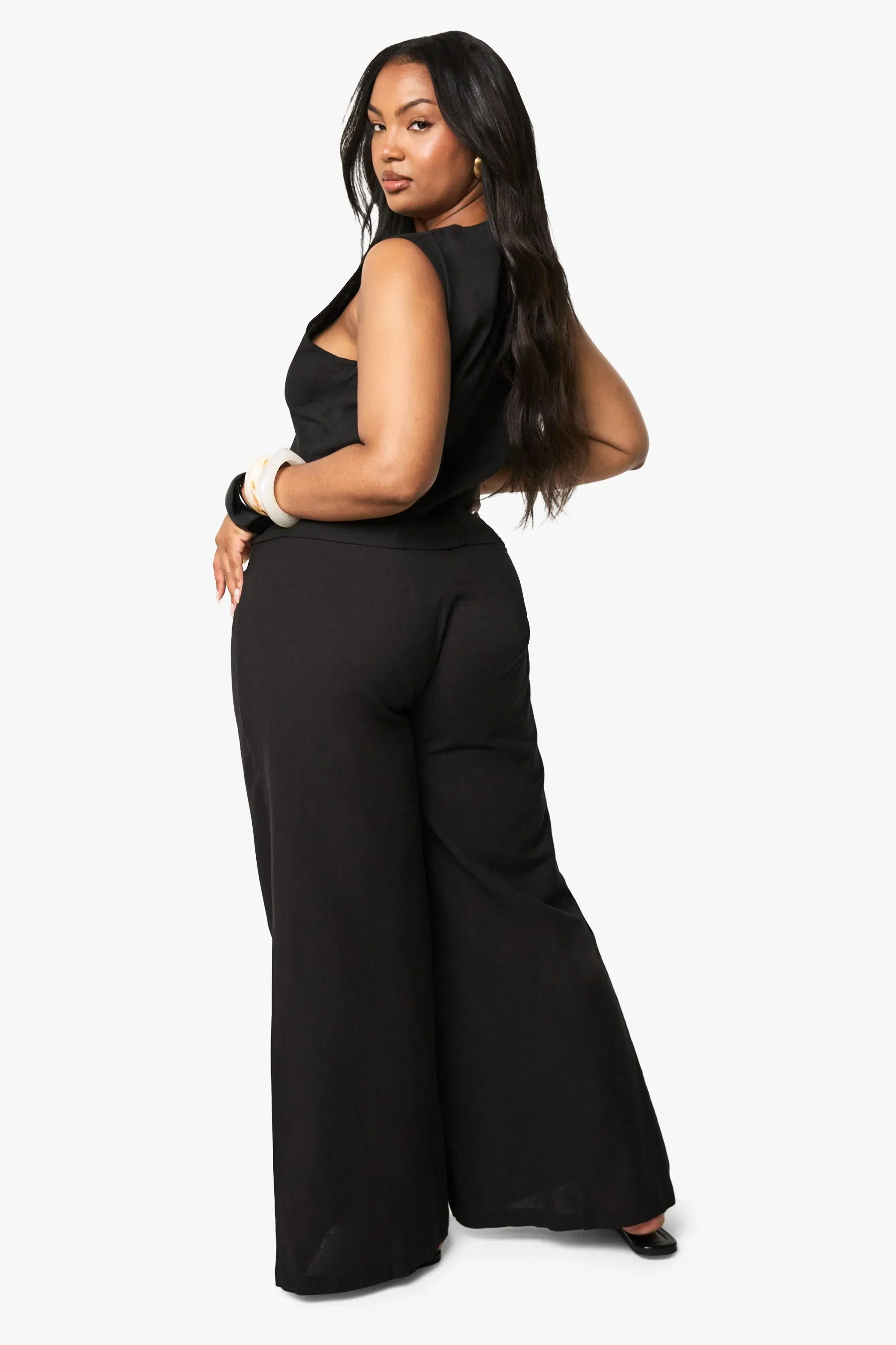 Plus Drawstring Elasticated Waist Wide Leg Trousers