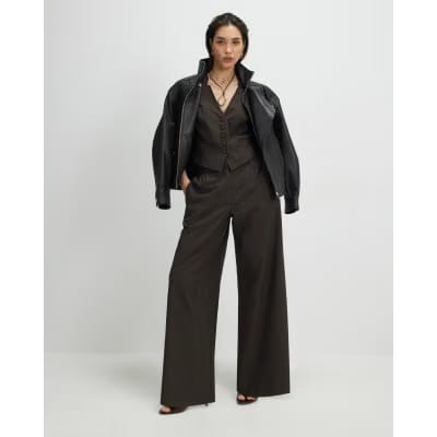 Brown Pinstripe Wide Leg Trousers