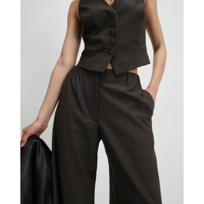 Brown Pinstripe Wide Leg Trousers