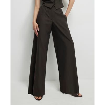 Brown Pinstripe Wide Leg Trousers