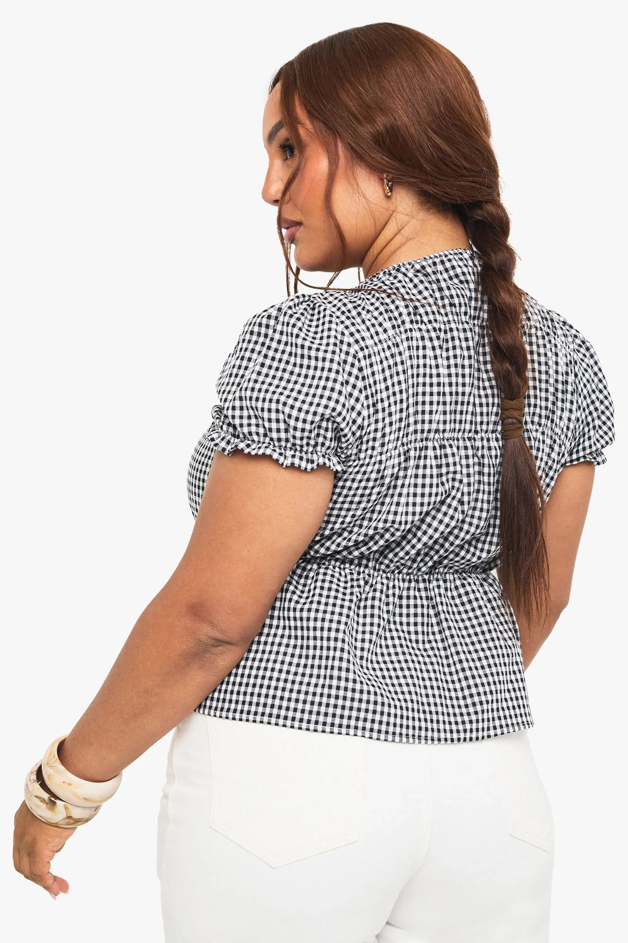 Plus Gingham Shirred Puff Sleeve Top