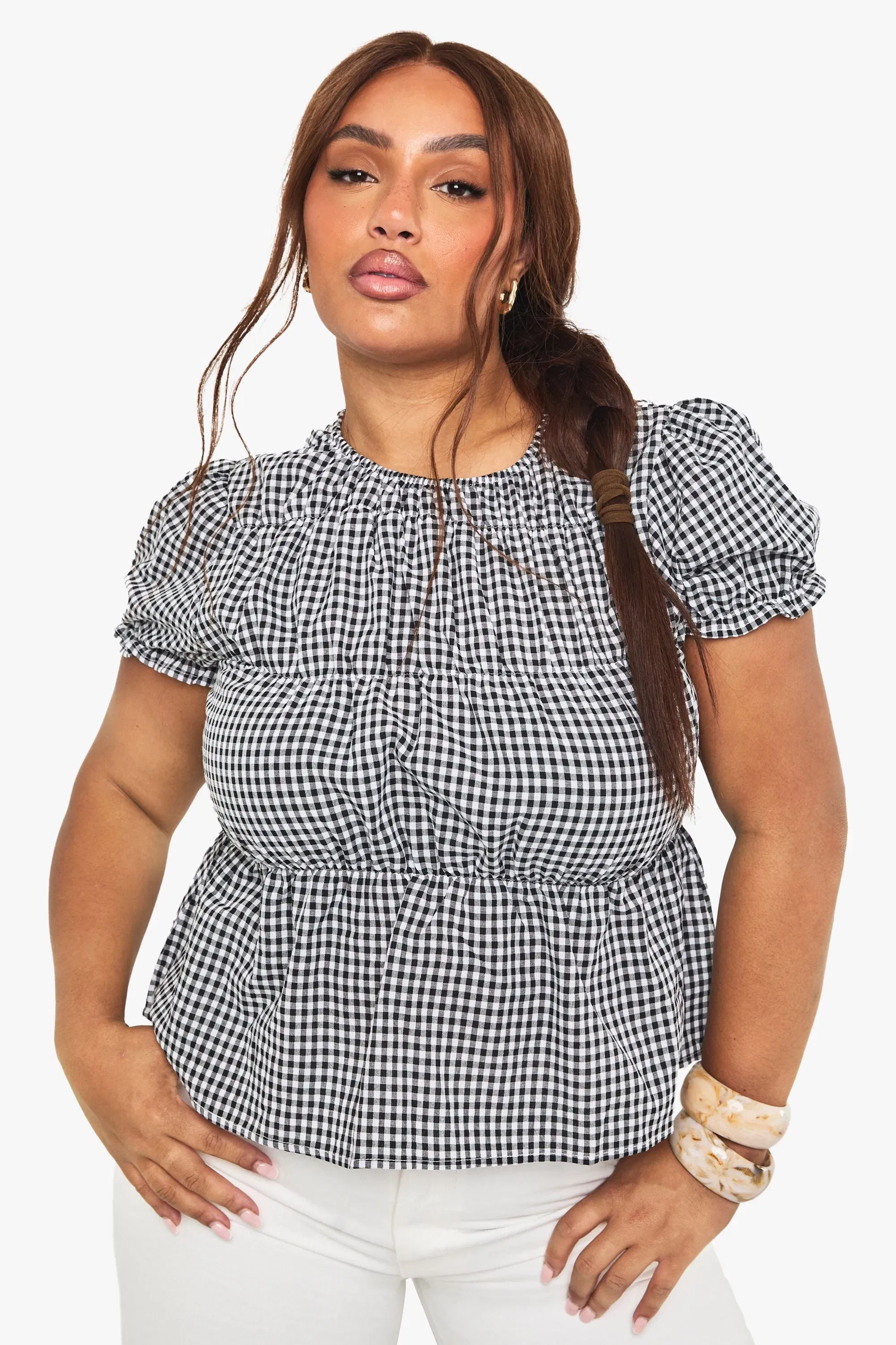 Plus Gingham Shirred Puff Sleeve Top