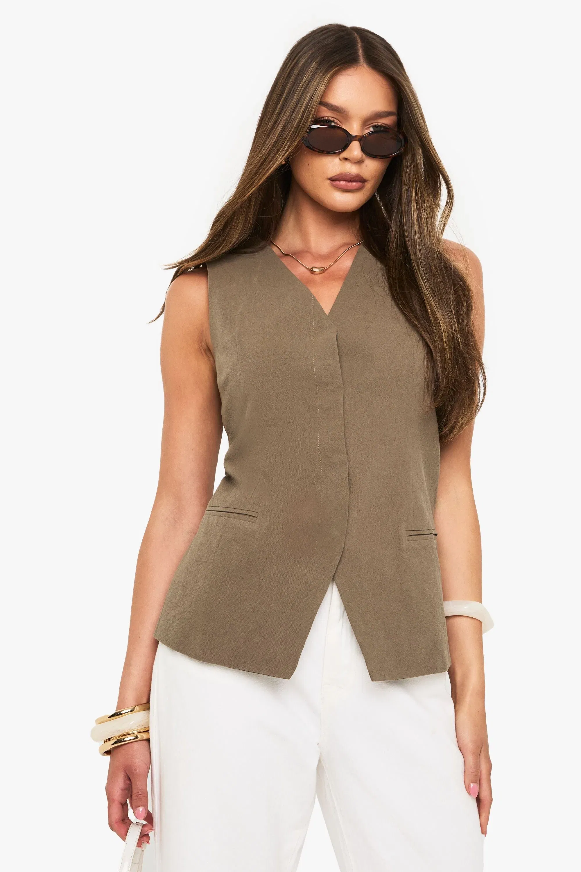 Linen Longline V Neck Tailored Waistcoat