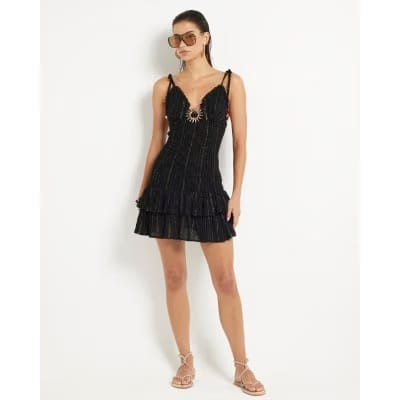 Black Sleeveless Shirred Mini Beach Dress