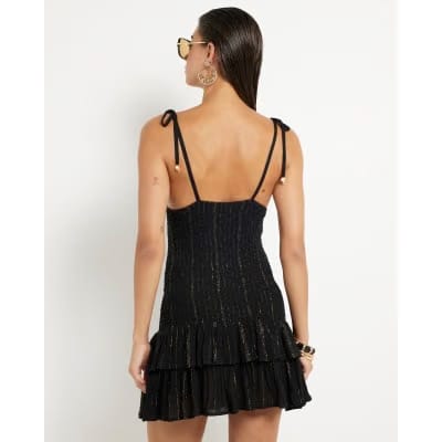 Black Sleeveless Shirred Mini Beach Dress