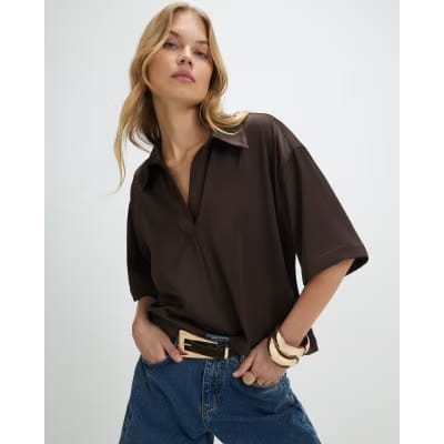 Brown Satin Short Sleeve Polo Top