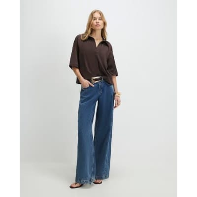 Brown Satin Short Sleeve Polo Top