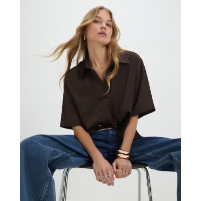 Brown Satin Short Sleeve Polo Top