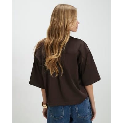 Brown Satin Short Sleeve Polo Top
