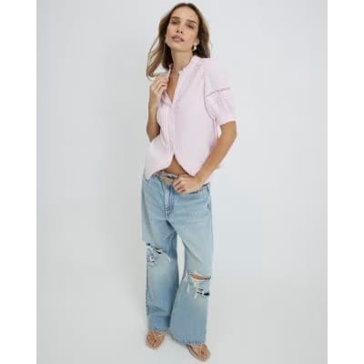 Pink Frill Collar Short Sleeve Blouse