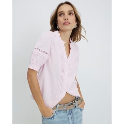 Pink Frill Collar Short Sleeve Blouse