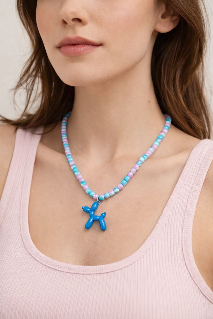 Balloon Dog Colorful Beads Blue Necklace