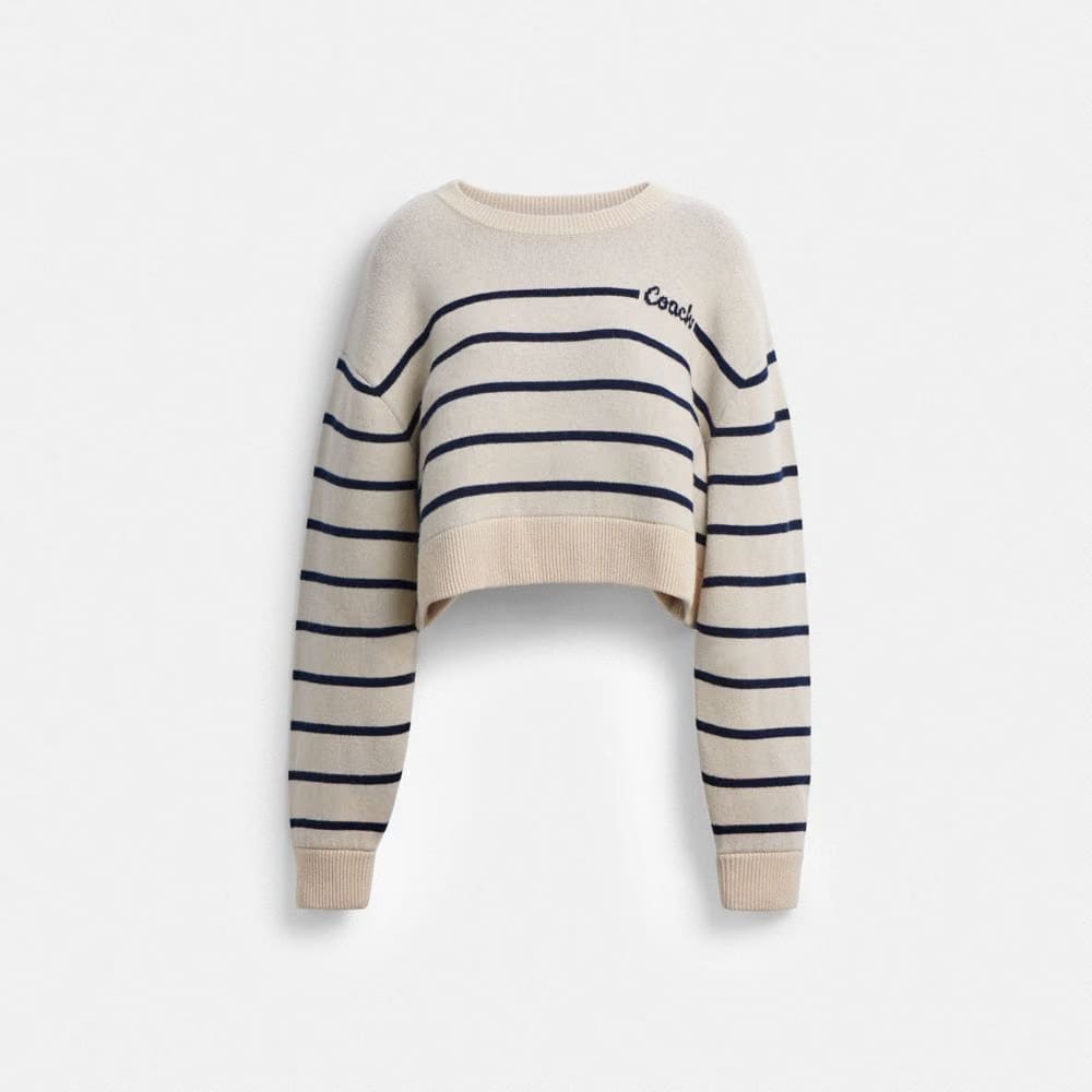 Coach Cursive Signature Striped Cropped Sweater Cream