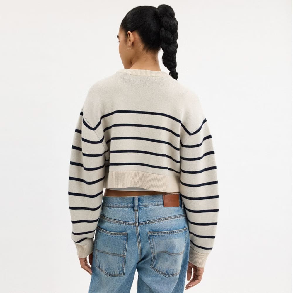 Coach Cursive Signature Striped Cropped Sweater Cream