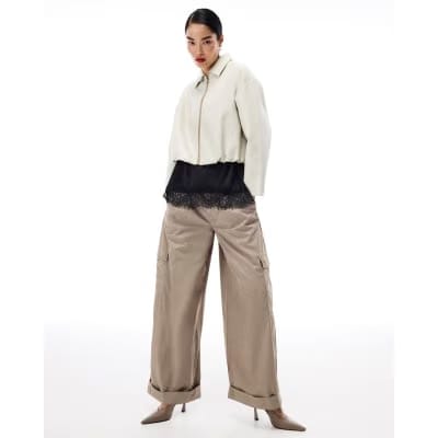 Cream Faux Leather Bubble Hem Bomber Jacket