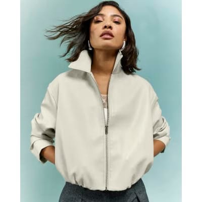 Cream Faux Leather Bubble Hem Bomber Jacket