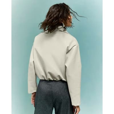 Cream Faux Leather Bubble Hem Bomber Jacket