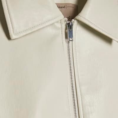 Cream Faux Leather Bubble Hem Bomber Jacket