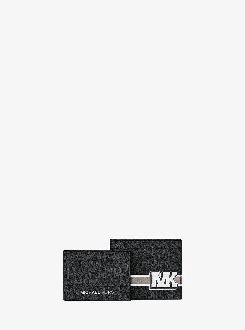 Michael Kors Cooper Striped Signature Logo Billfold Wallet With Passcase Black Combo