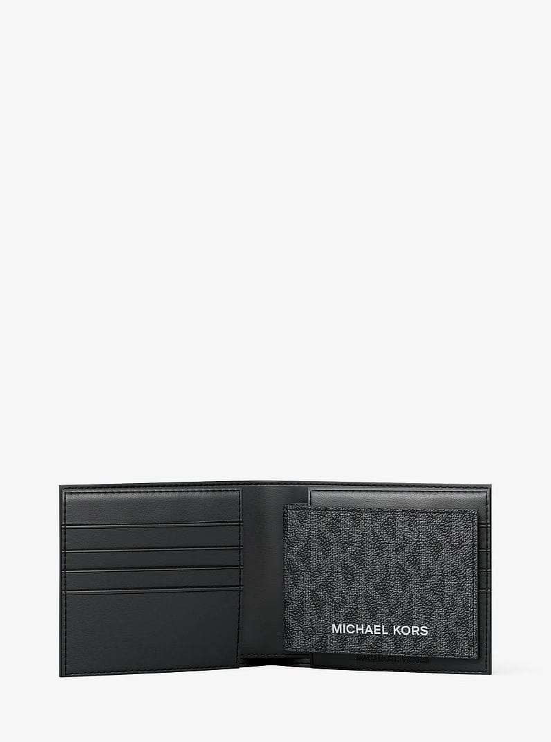 Michael Kors Cooper Striped Signature Logo Billfold Wallet With Passcase Black Combo