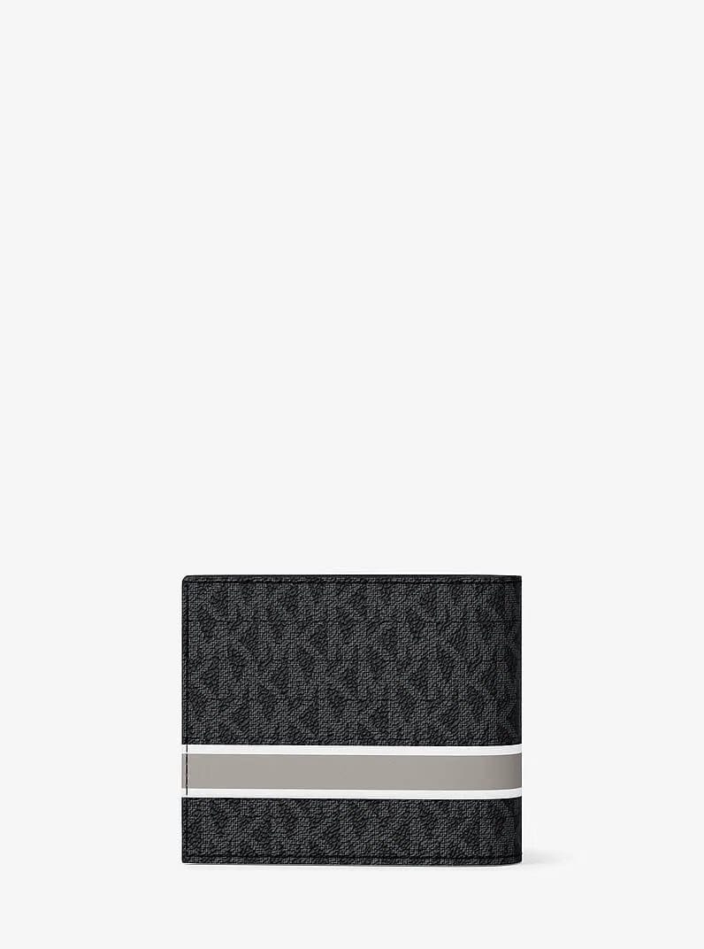 Michael Kors Cooper Striped Signature Logo Billfold Wallet With Passcase Black Combo