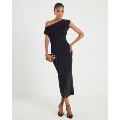 Black Sleeveless Drape Midi Dress