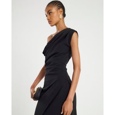 Black Sleeveless Drape Midi Dress