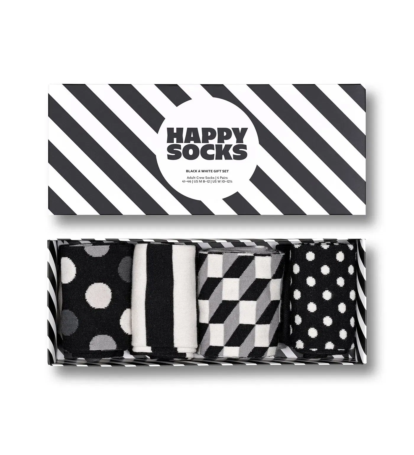 Happy Socks Unisex 4-Pack Classic Black and White Crew Length Socks Gift Set for Women and Men